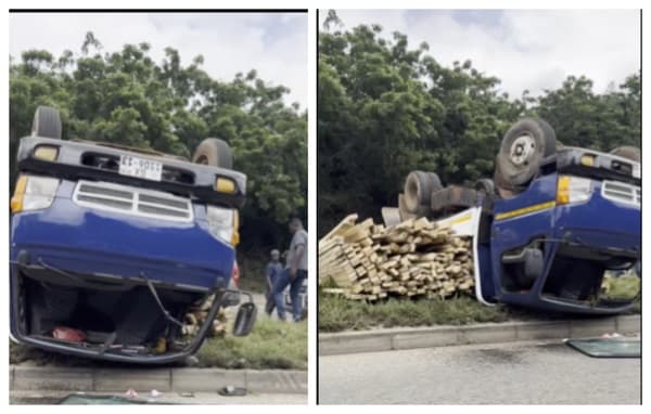 Watch as truck overturns at Achimota CP Roundabout