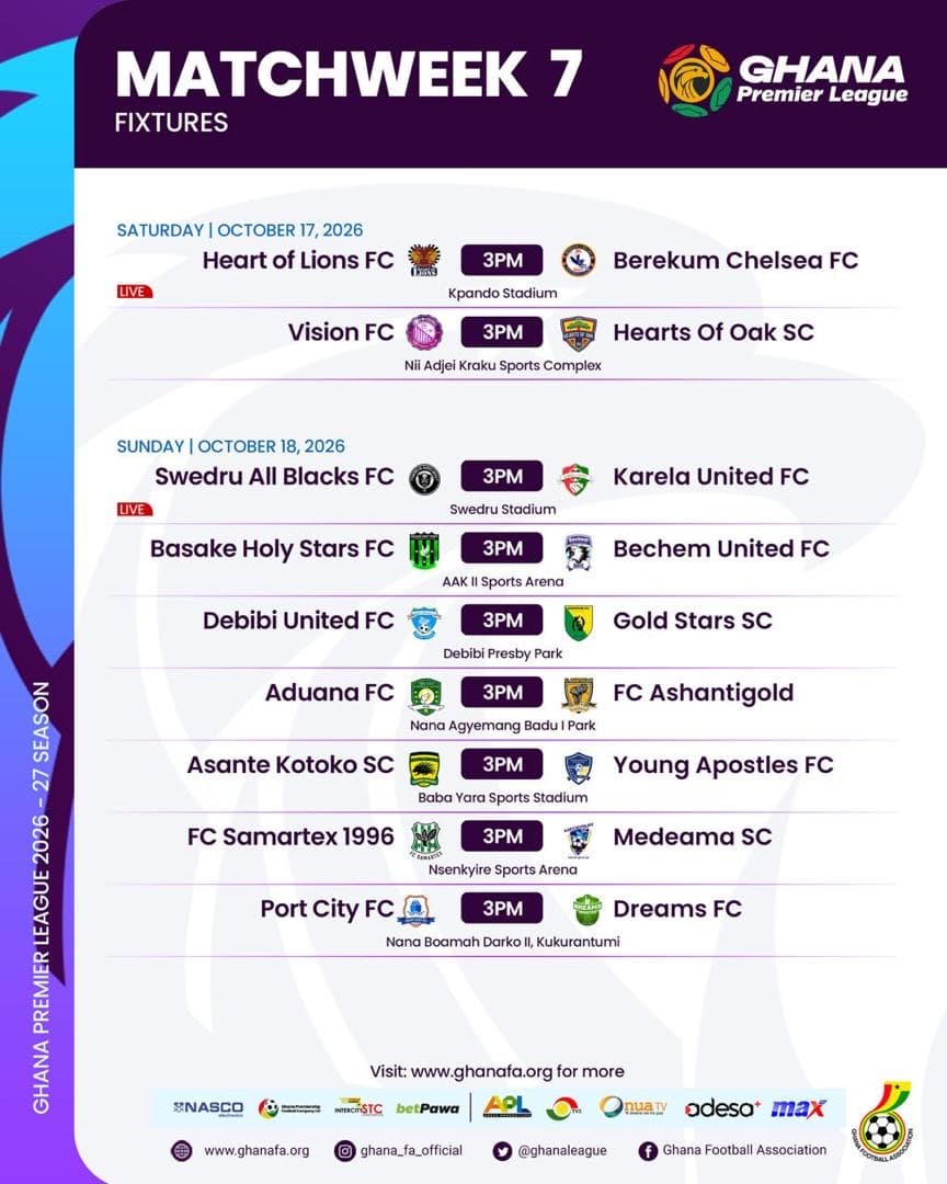 GPL 2026/27: FA announces TV fixtures for matchday seven