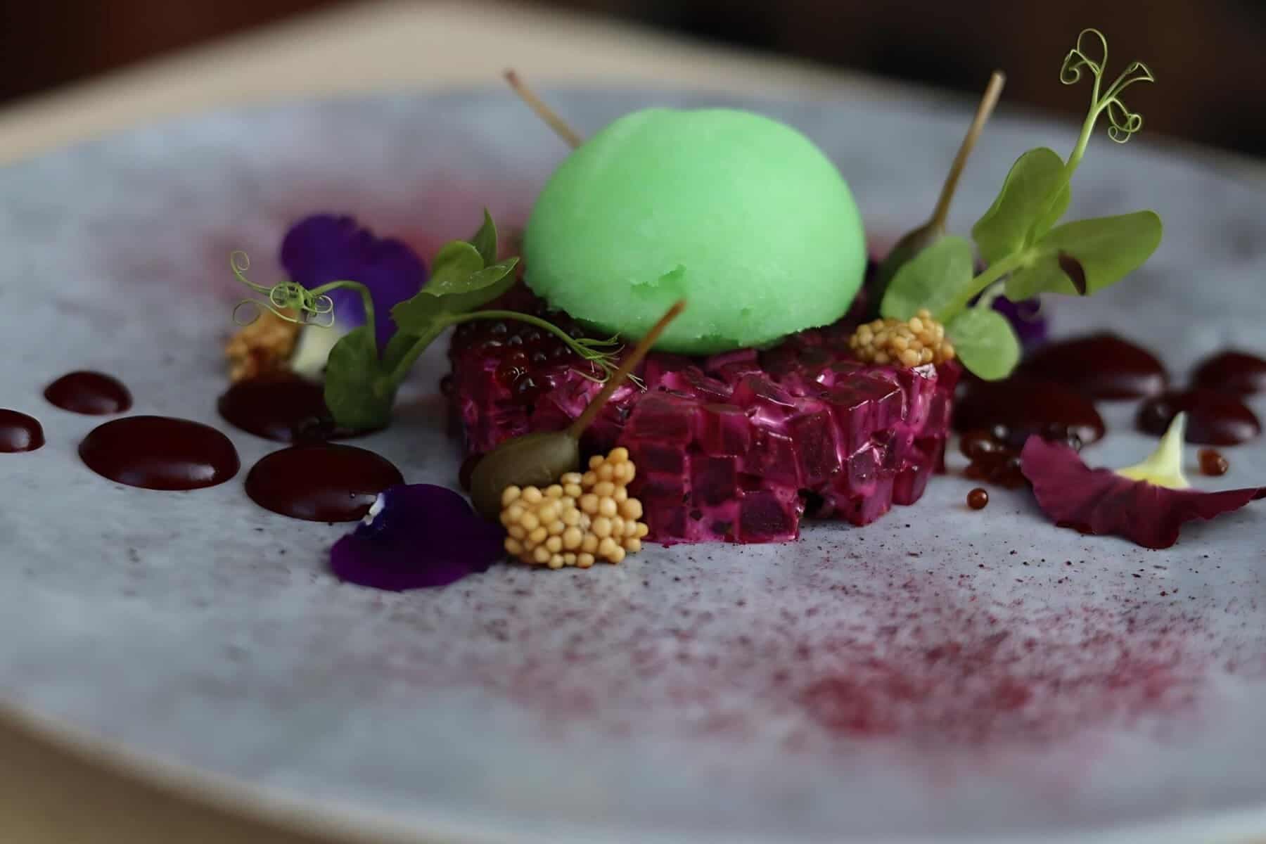 Replicate fine dining experience with this beetroot tartare, wasabi sorbet and soy pearls recipe