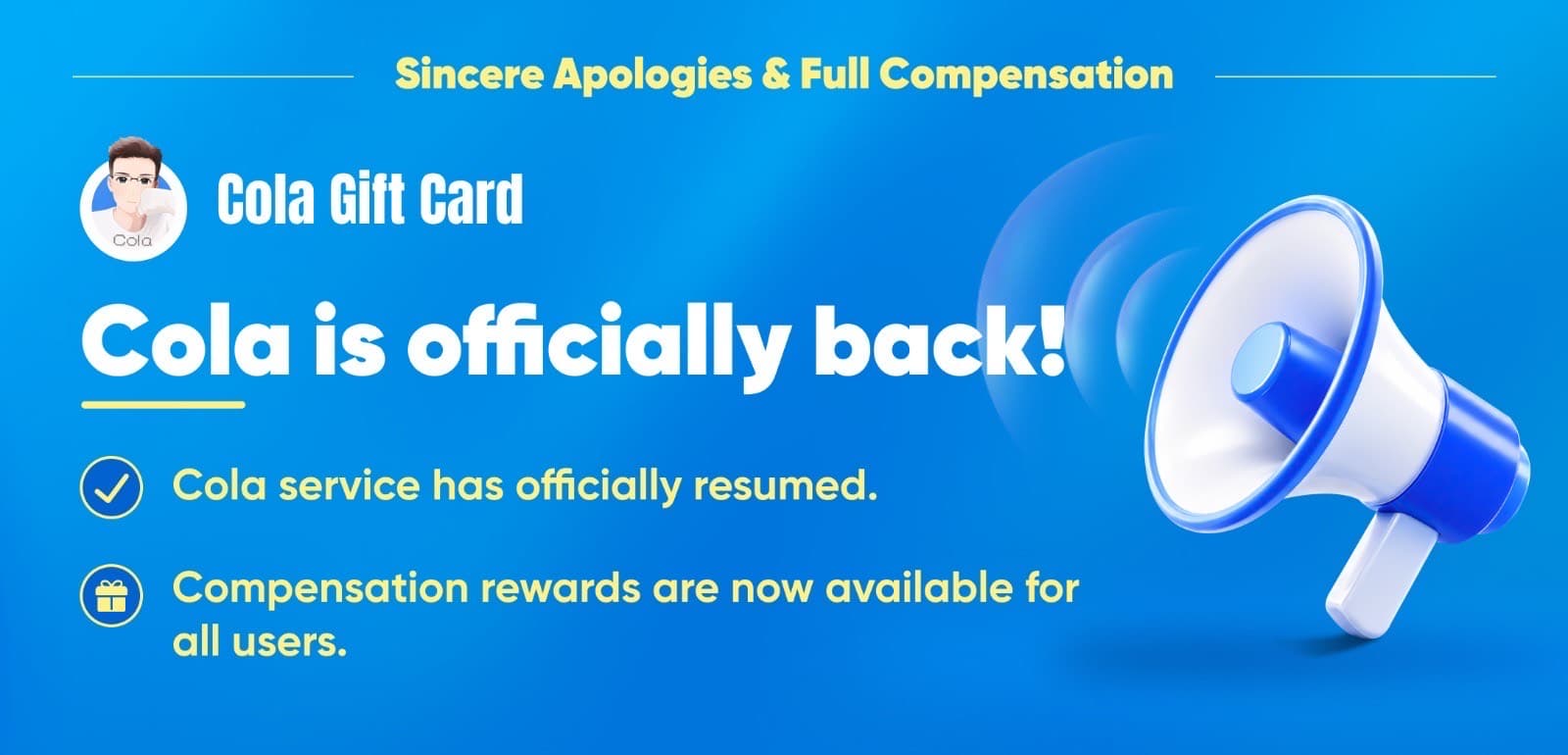 COLA platform apology and service restoration announcement