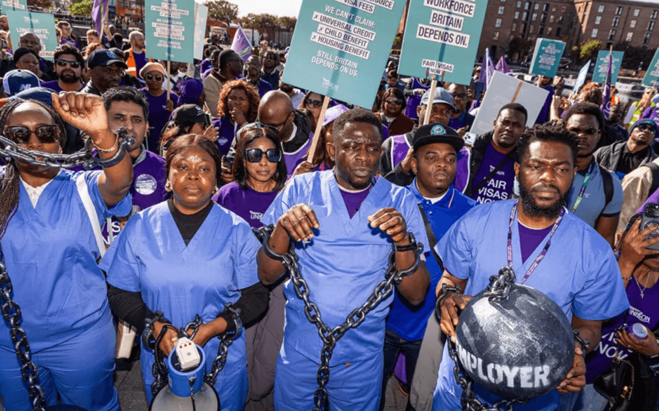 UK migrant workers wear chains, sing Asa’s ‘Jailer’ to protest proposed visa reforms