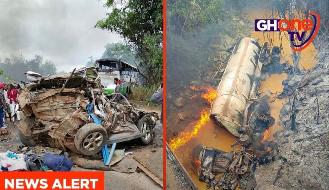 Two killed, five injured in fiery crash involving fuel tanker and 3 vehicles on Accra-Kumasi Highway