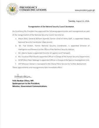 Reshuffle at National Security: Presidency announces six new appointments
