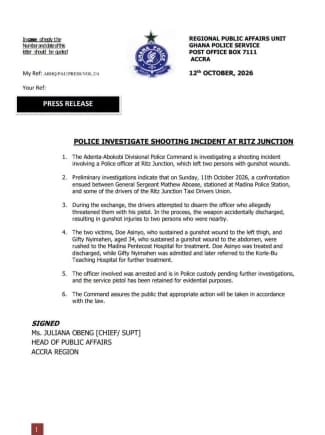 Police Sergeant arrested and placed in custody over Adenta Ritz junction shooting that injured 2 people