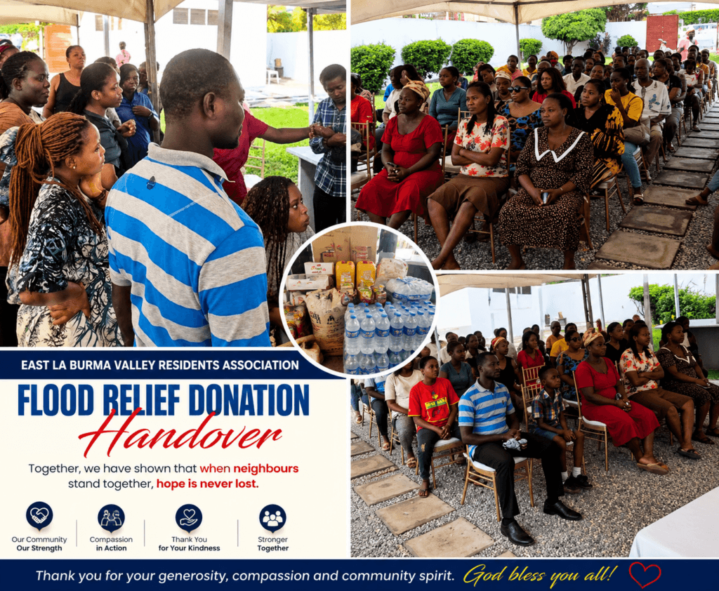 East La Burma Valley Residents Association hands over relief items to Tse-Addo flood victims