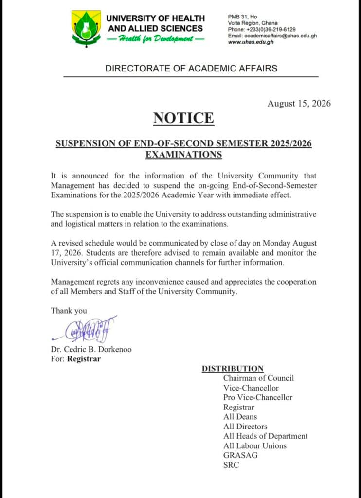 UHAS halts semester exams over administrative, logistical issues