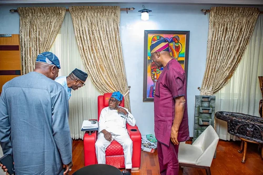 Photos: Makinde, Fayemi, Oyinlola visit Obasanjo in Abeokuta