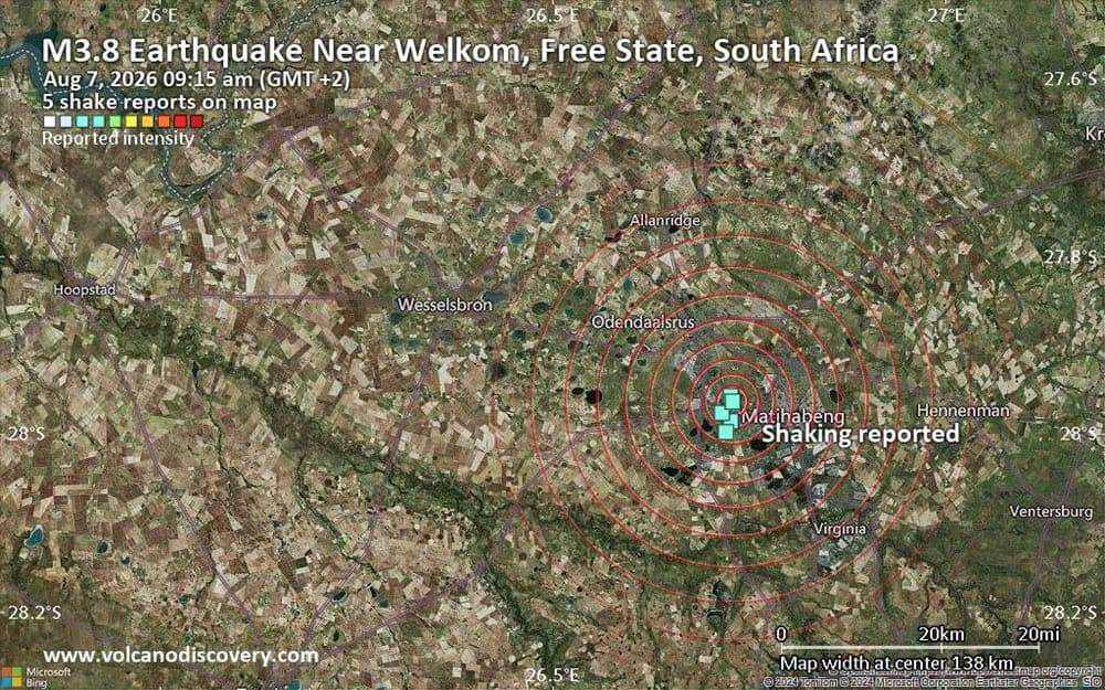 3.3 magnitude light tremor rattles Welkom on Friday morning