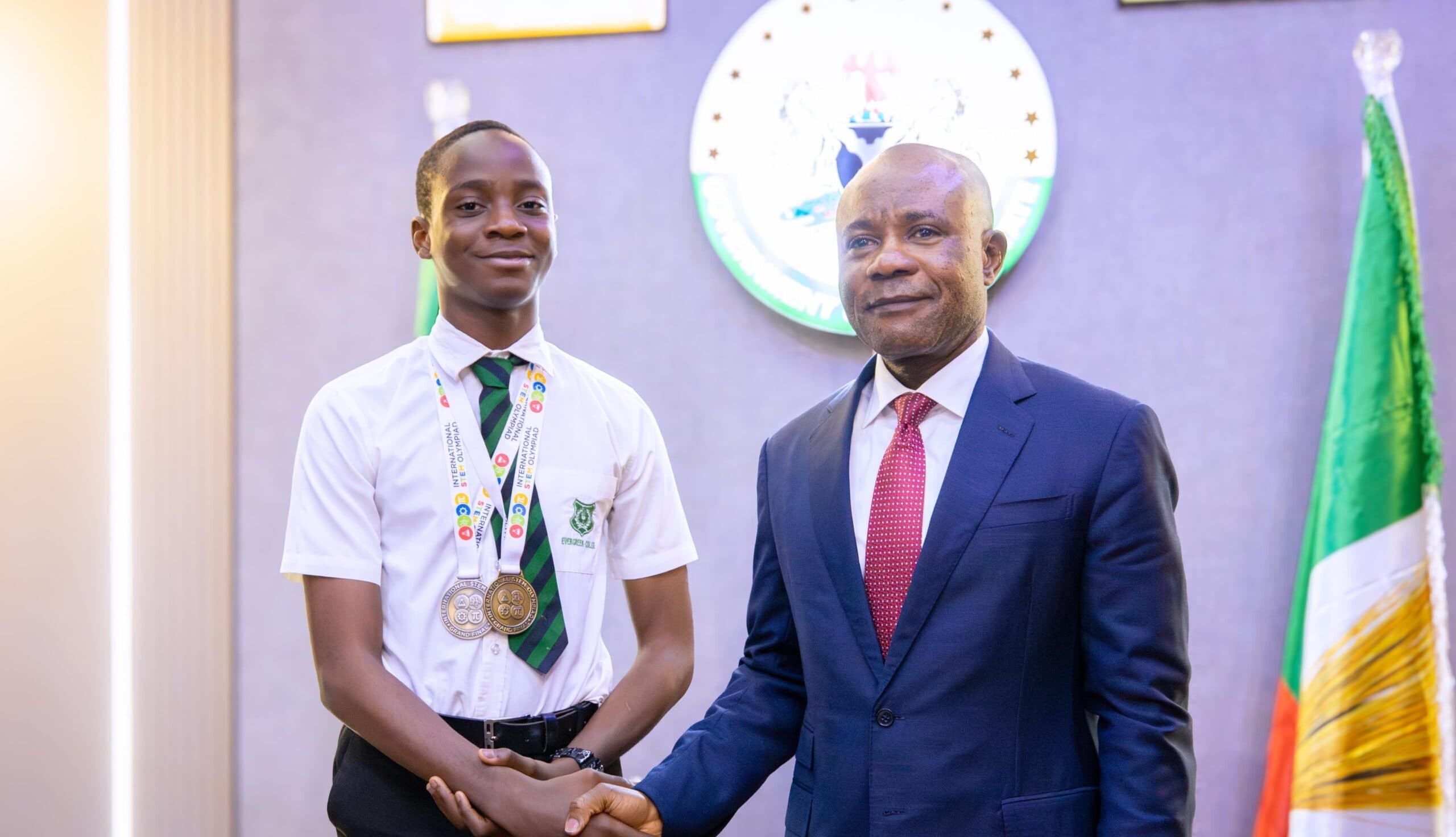 Gov Mbah honours International STEM Olympiad medalist, rewards him, teacher, school